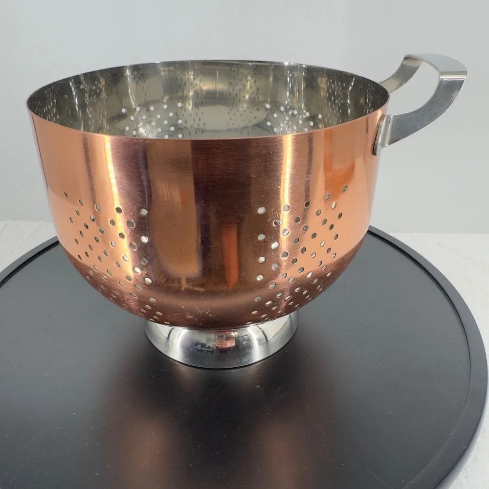Vintage Copper Stainless Steel Footed Colander Strainer with Handle 8.5 Inch